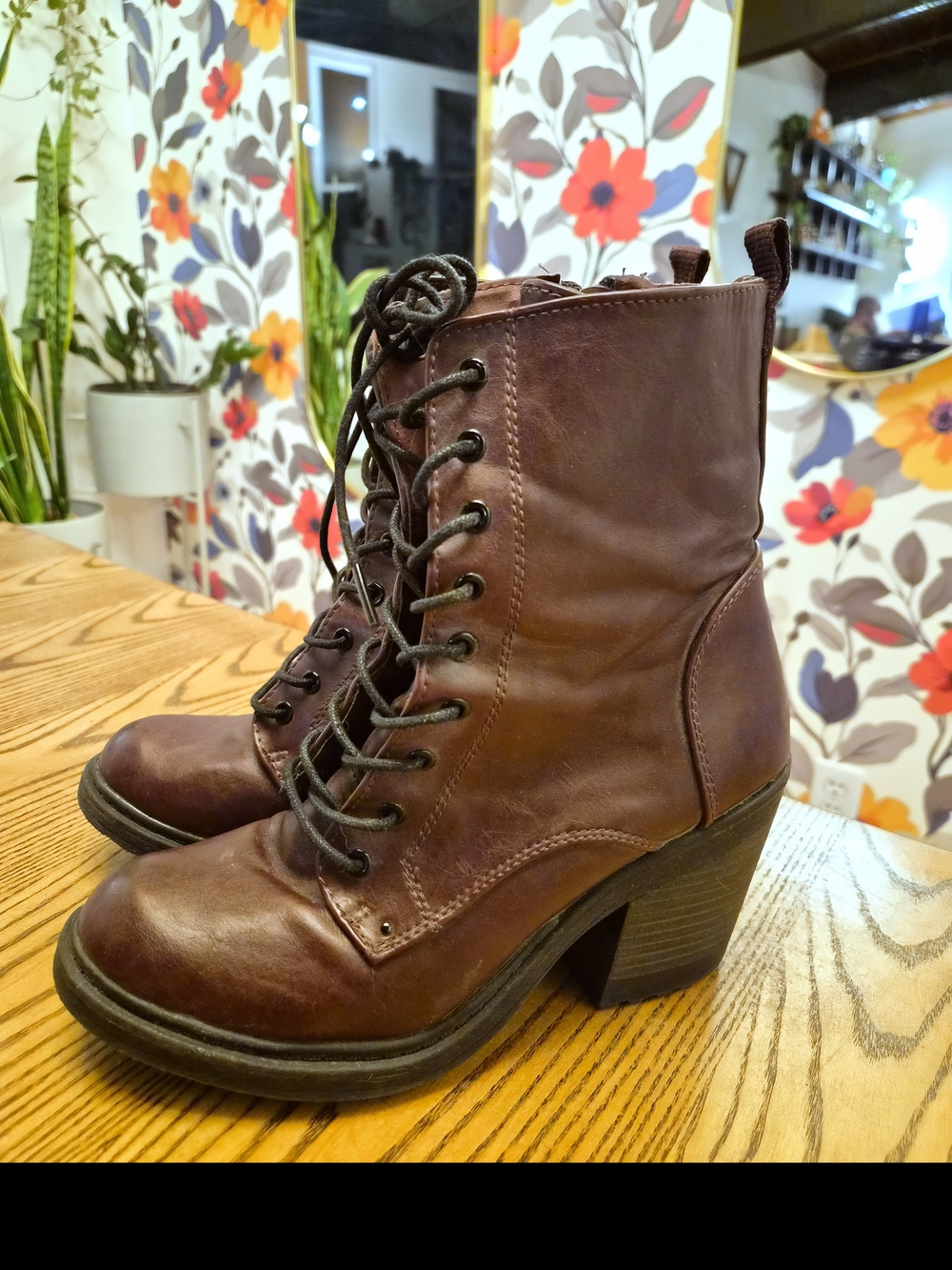 Women's Lace-Up Heeled Combat Boots - Brown